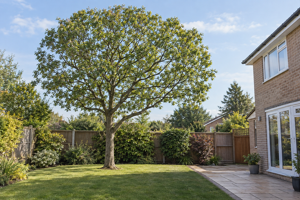 A large tree stands in a sunny garden, bordered by a wooden fence and adjacent to a modern brick house.