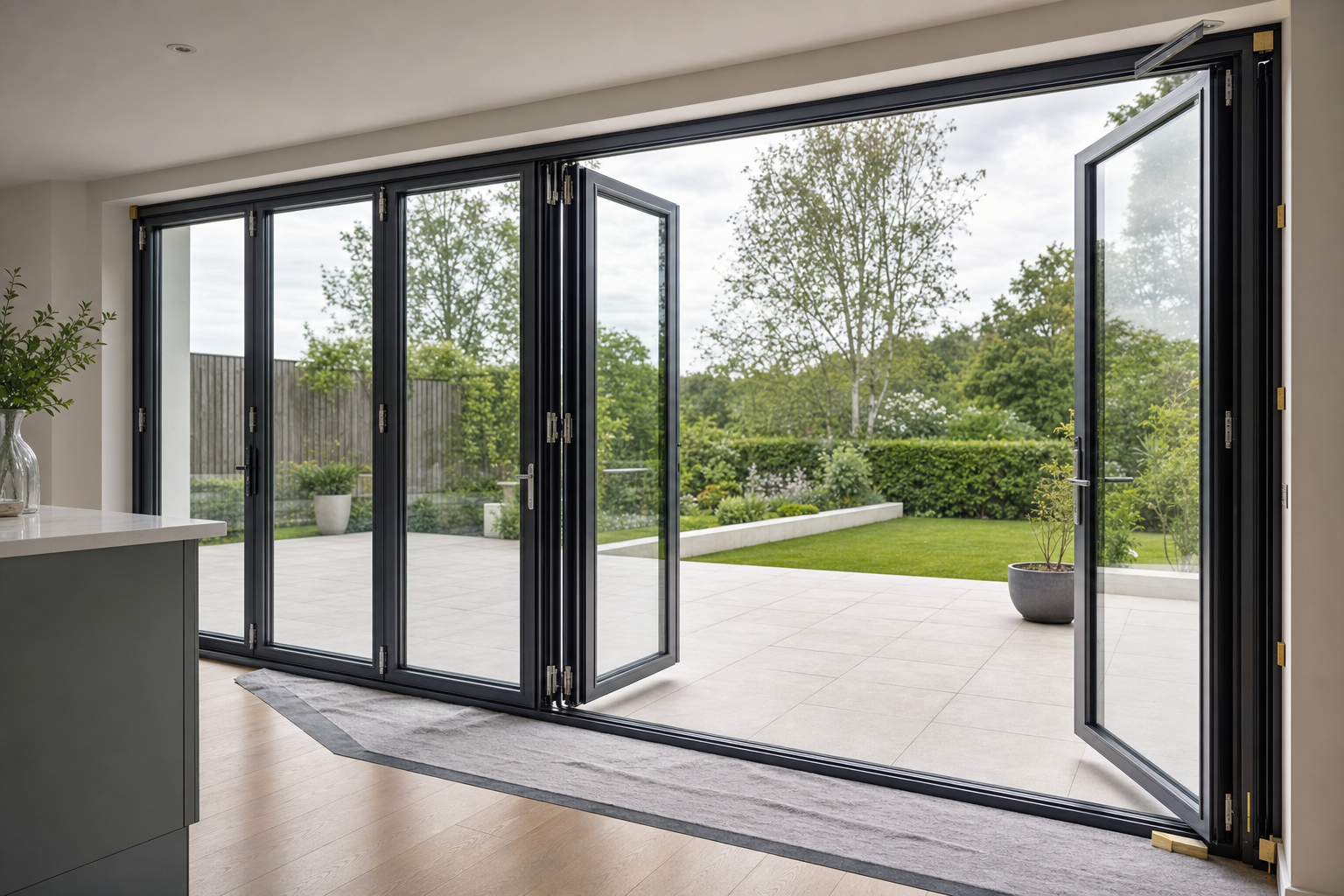 Open bi-fold doors reveal a spacious patio and lush garden view.