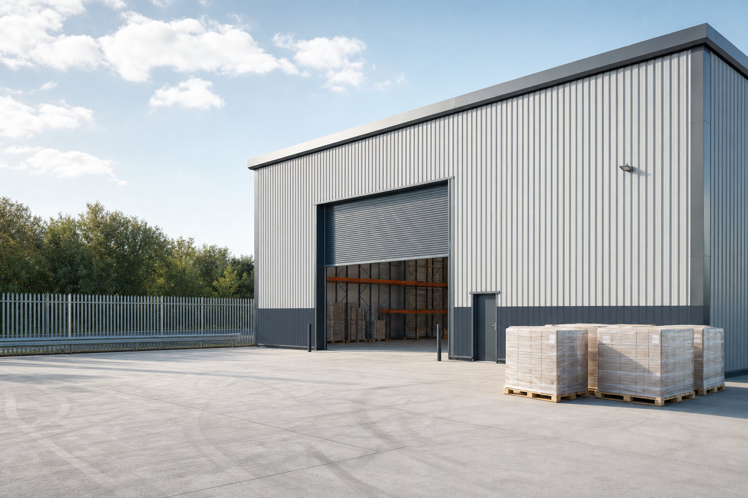 A modern warehouse with an open roller door, stacks of pallets nearby, and a fenced yard in the foreground.
