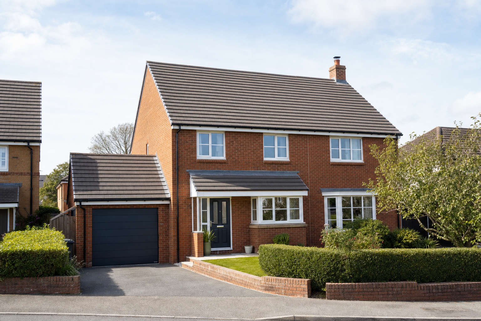 Modern two-storey red brick house with a garage and well-maintained front garden.
