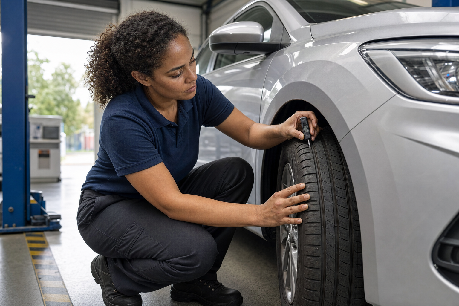 A mechanic checks the tread depth of a car tyre using a gauge inside a garage.