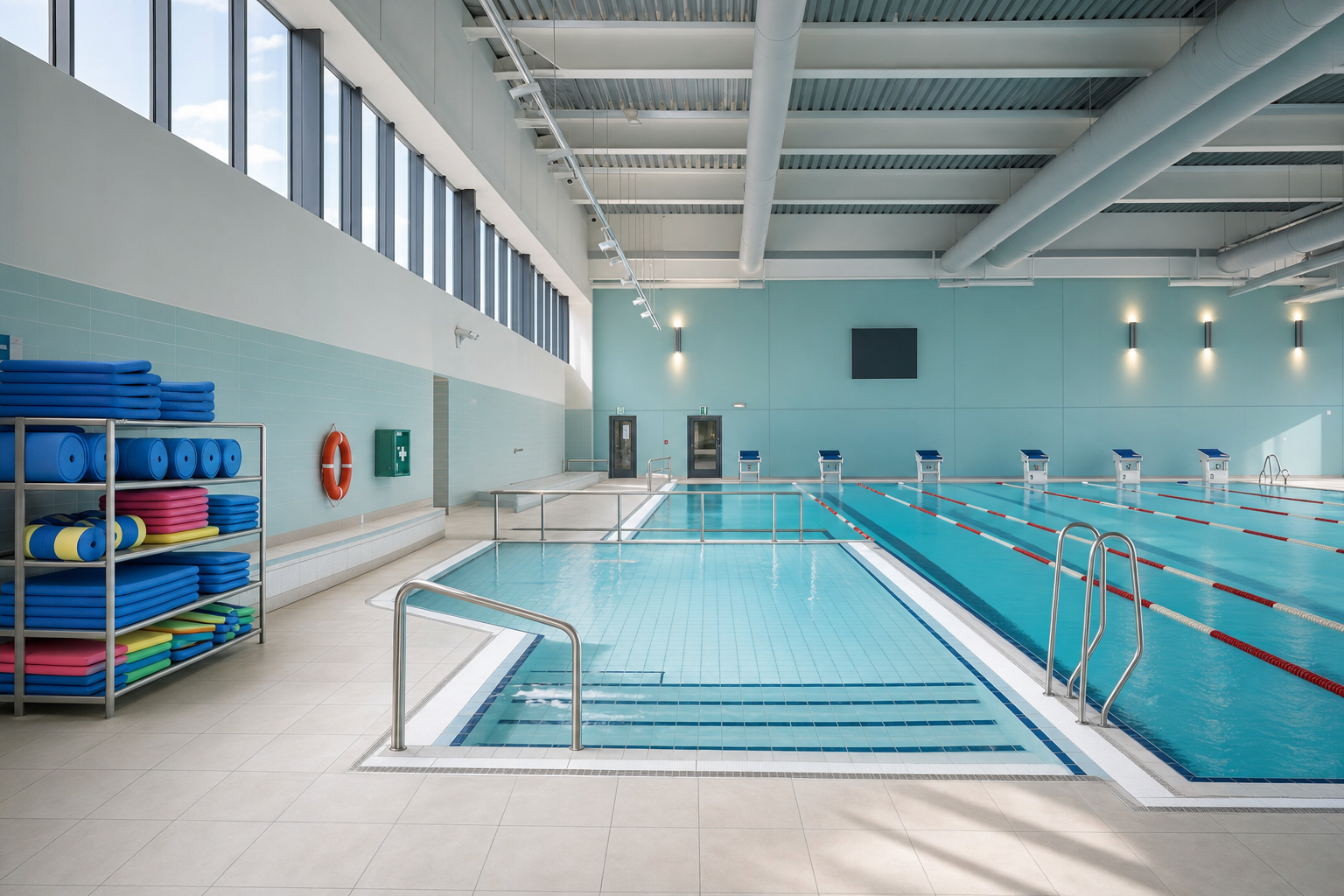 Indoor swimming pool complex with lanes, a shallow section, and stacked colourful mats against the wall.