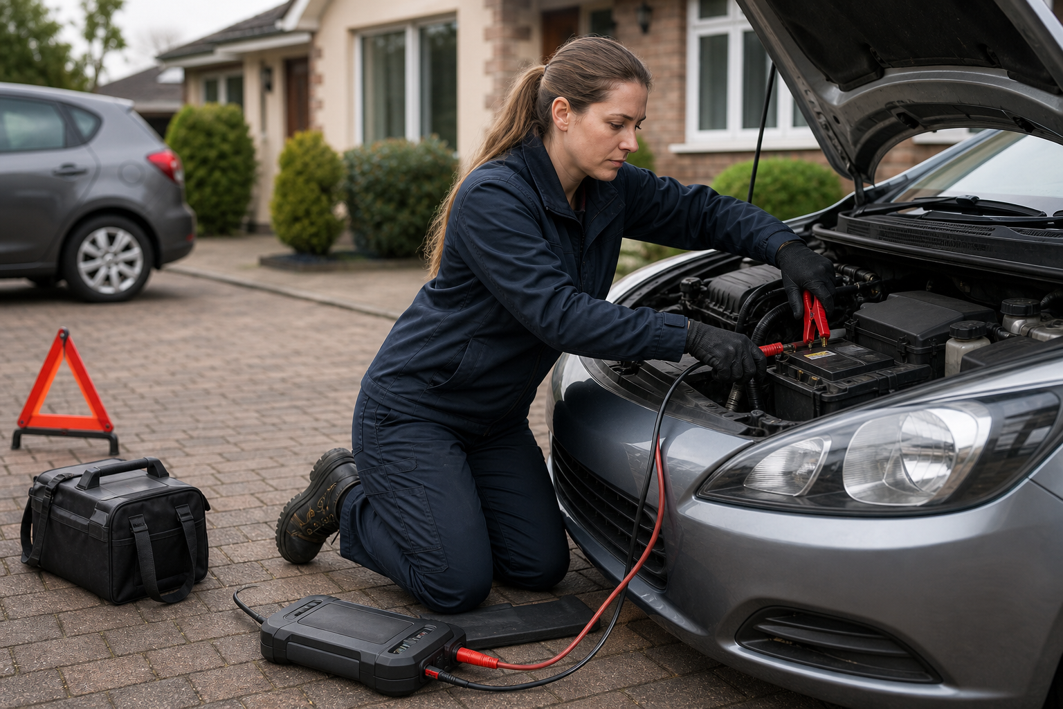 Woman in coveralls jump-starting a car with a battery pack in a driveway.