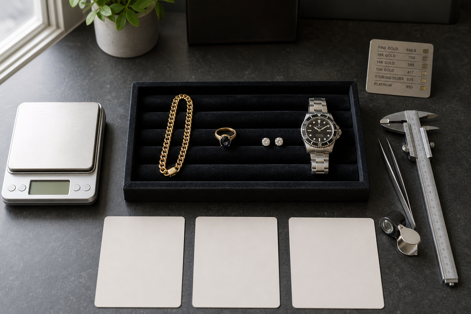 Jewelry and watch display with tools and scale on a countertop.