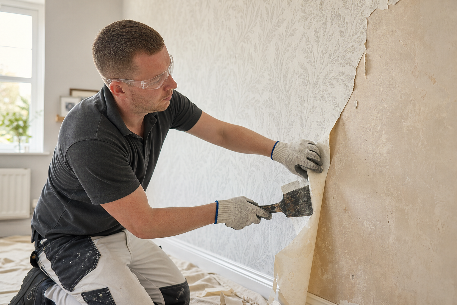 Person wearing goggles and gloves using a scraper to remove wallpaper in a room with decorated walls.