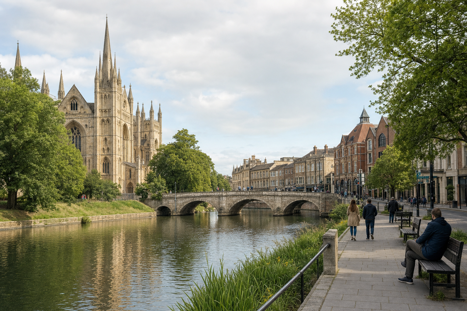 A majestic Gothic cathedral beside a river with people strolling along a tree-lined path and a stone bridge in the background.