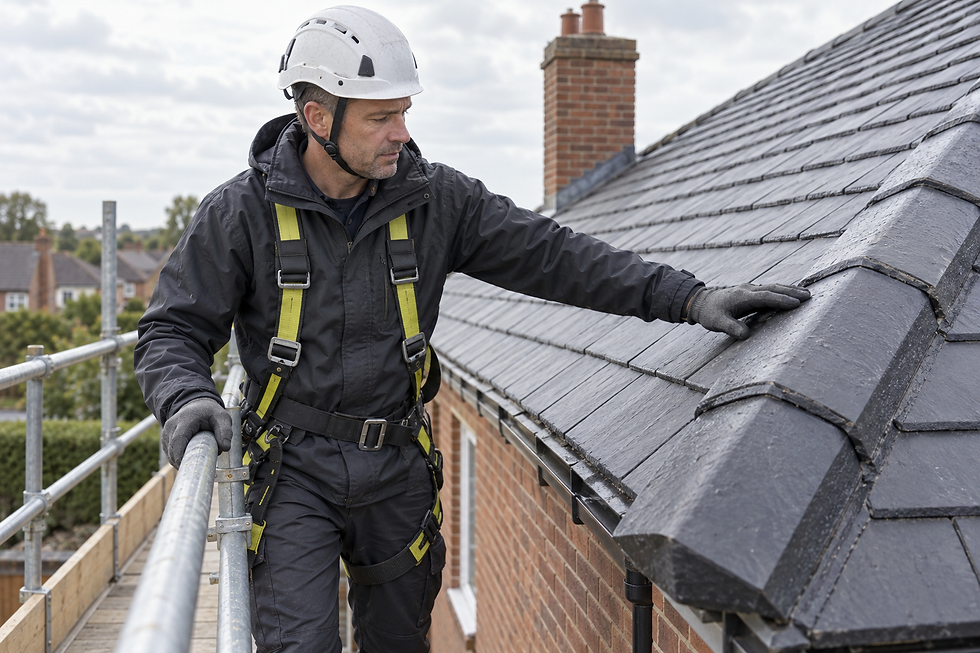 A construction worker inspects roof tiles while wearing a safety harness and helmet on scaffolding.