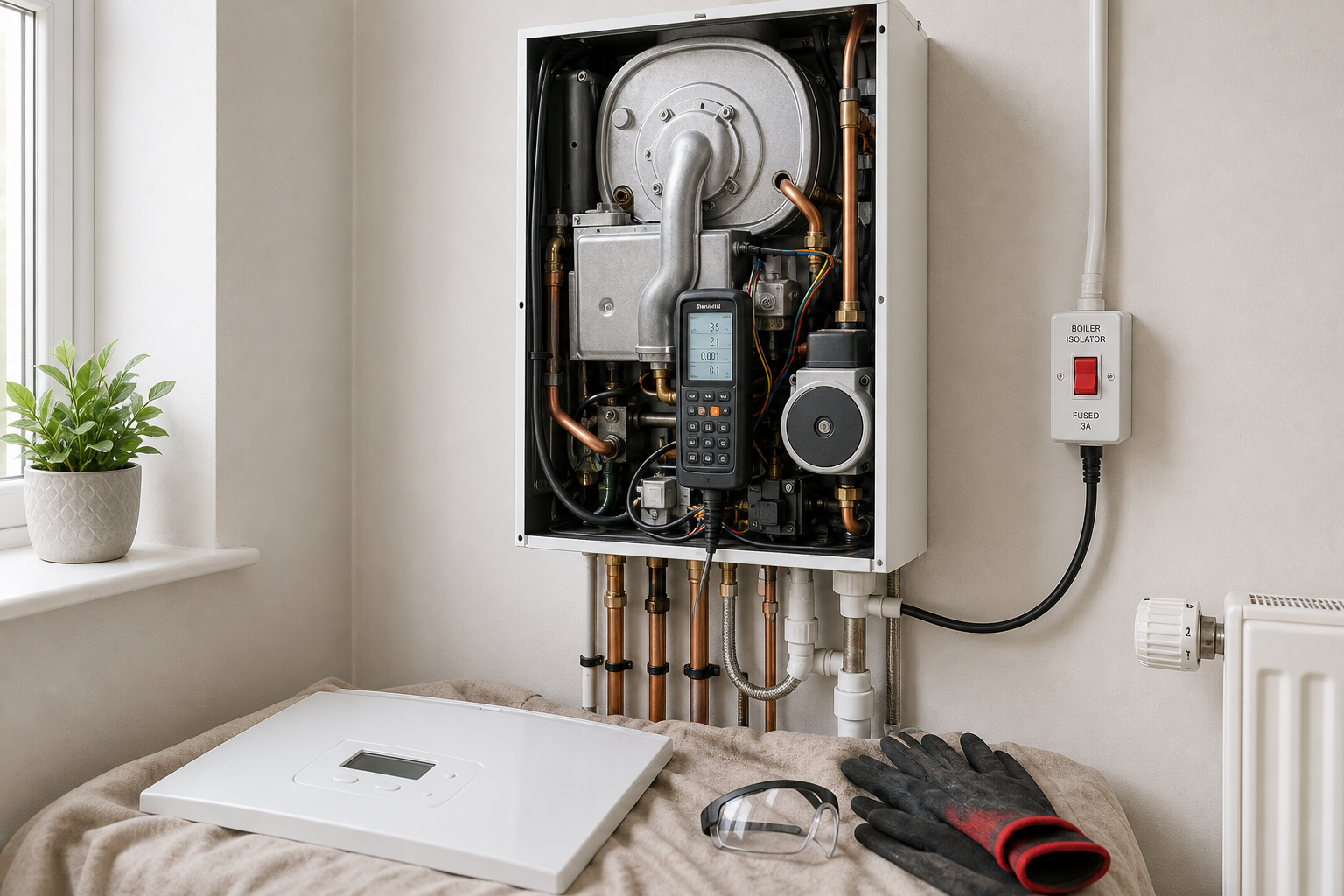 Open wall-mounted boiler with diagnostic tools and safety equipment nearby.