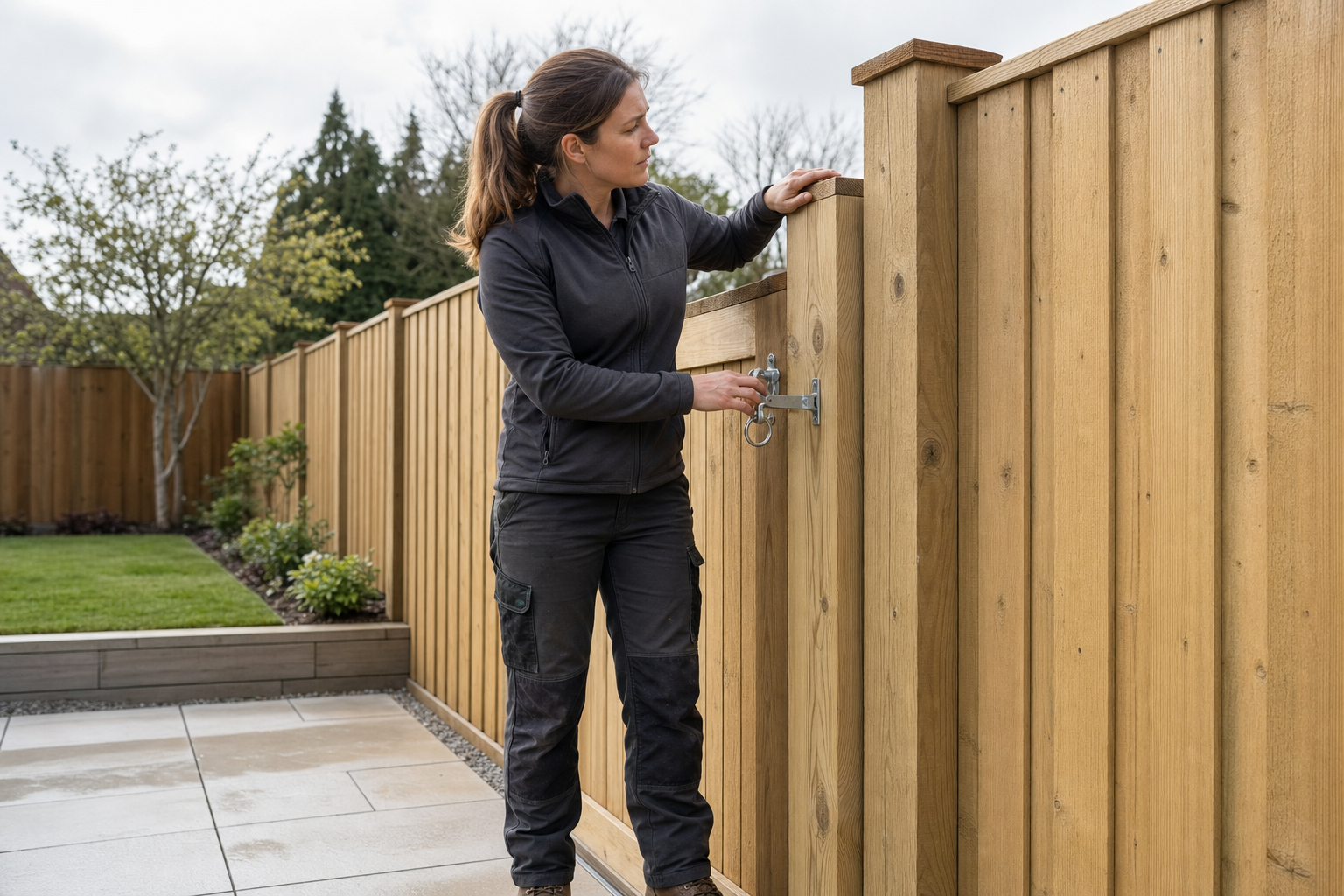 Woman in outdoor clothing adjusting a latch on a wooden garden gate.