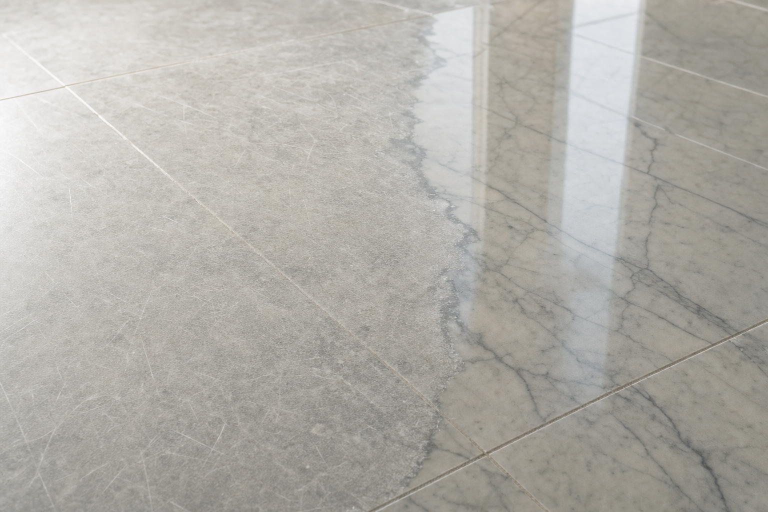 A smooth marble tile floor with a reflective surface showing a subtle geometric pattern.