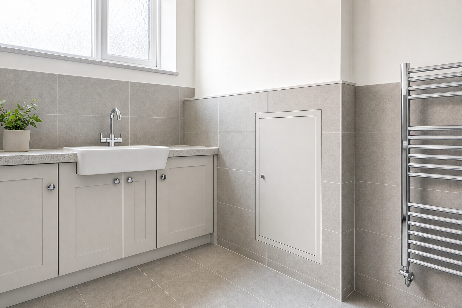 Modern bathroom with a large white sink, beige cabinets, a potted plant, and a chrome towel radiator.