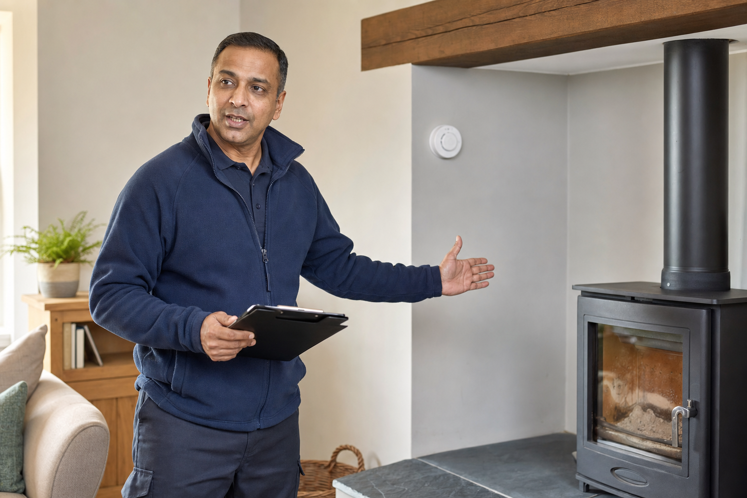 A man holding a clipboard gestures towards a wood-burning stove in a cosy living room.