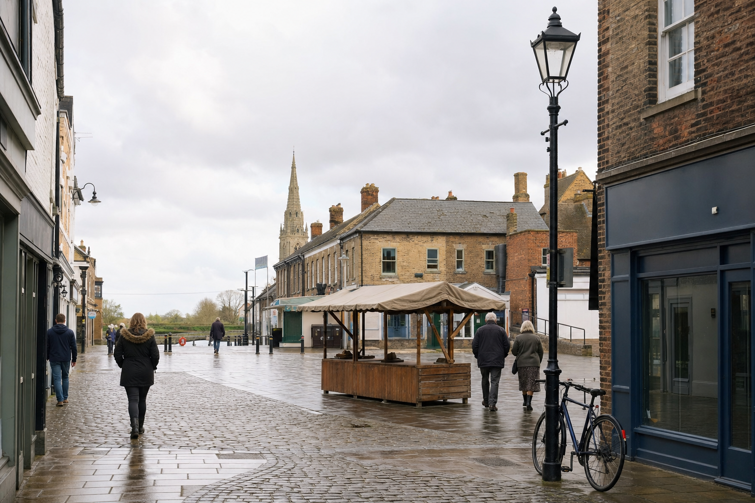 Pedestrians walk on a quiet cobblestone street lined with shops, with a church spire visible in the background.