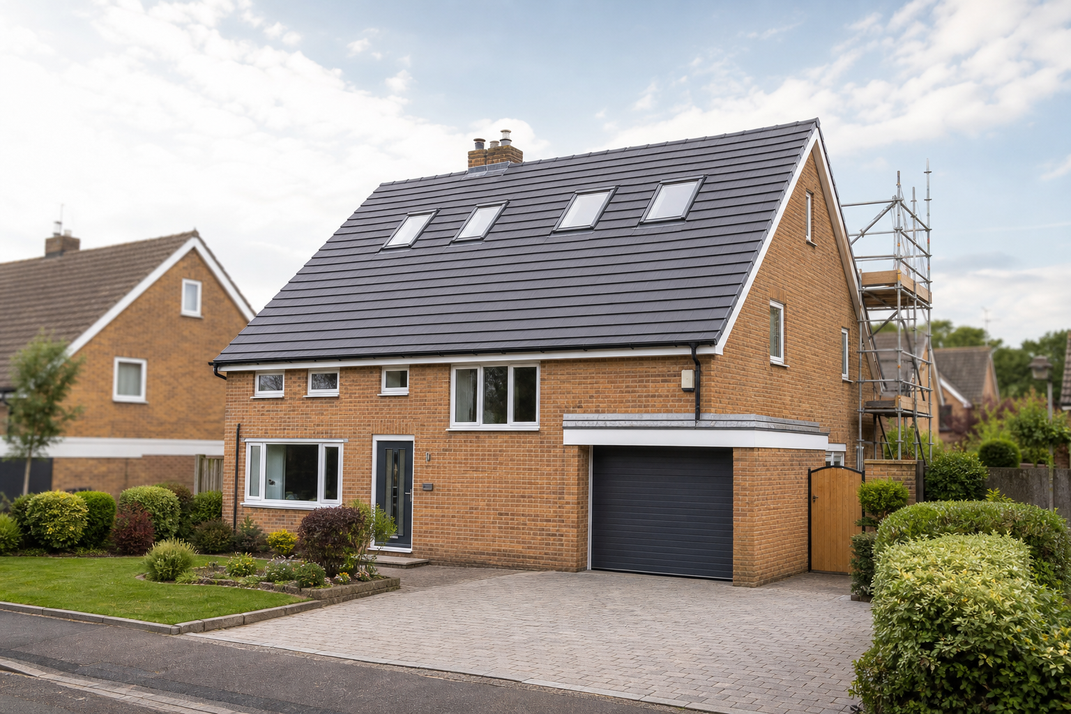 A modern brick house with dormer windows, a paved driveway, and scaffolding on the side for ongoing construction.