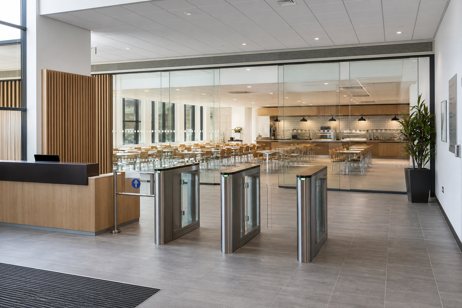 Modern cafeteria entrance with turnstiles and a view of dining tables and chairs beyond glass partitions.