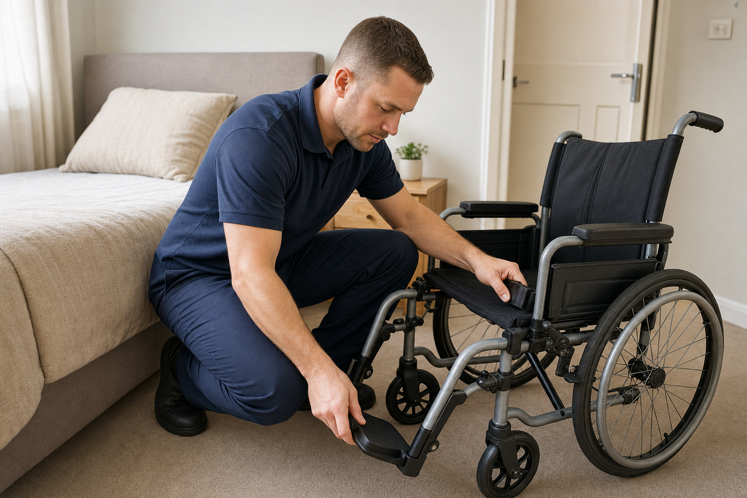 A man in a blue uniform kneels to adjust a wheelchair in a bedroom setting.