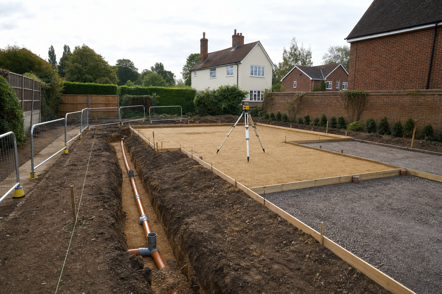 Construction site with a tripod surveying tool, drainage pipes, and foundation outlined, surrounded by temporary fencing.