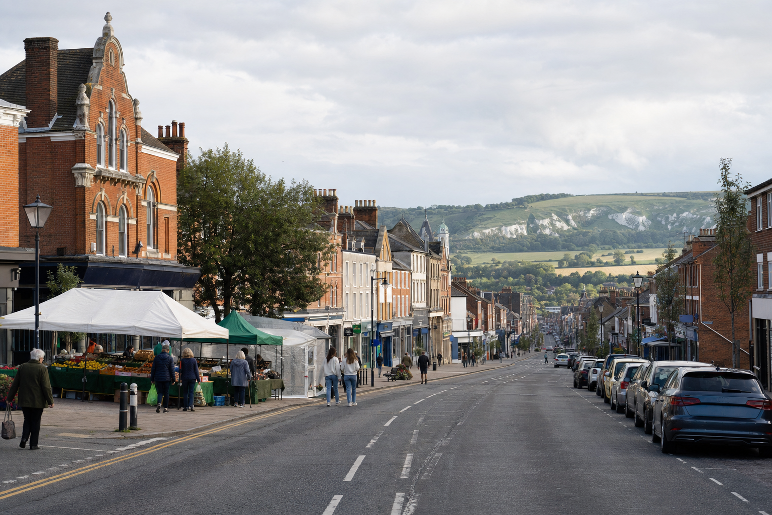 A bustling street with market stalls and pedestrians, bordered by historic buildings, leads towards a distant green hillside.