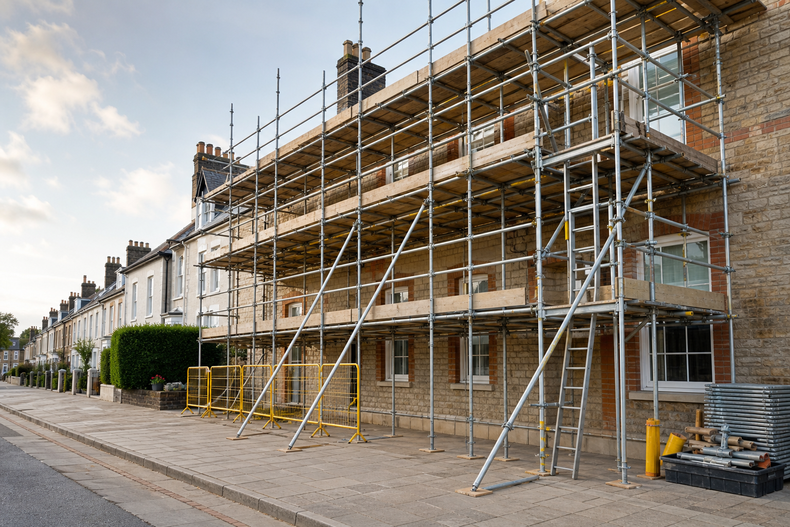 Scaffolding set up against a row of residential houses on a quiet street.