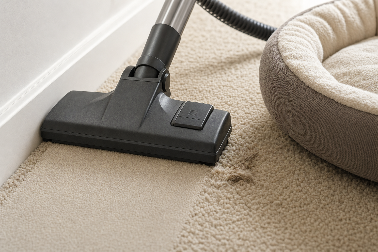 A vacuum cleaner nozzle cleaning beige carpet near a pet bed.