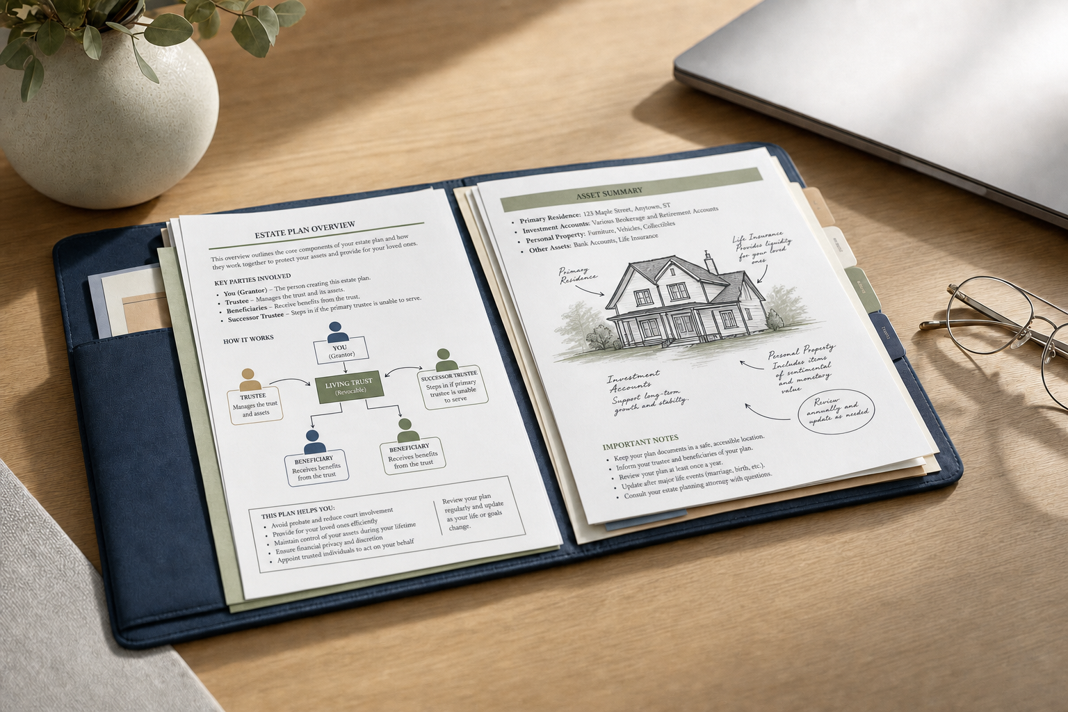 An estate plan overview and asset summary document open next to a pair of glasses and a laptop on a wooden desk.
