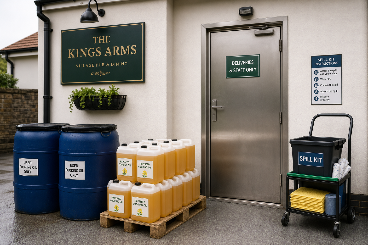 Barrels of used cooking oil and containers of rapeseed oil outside a pub with spill kit nearby.