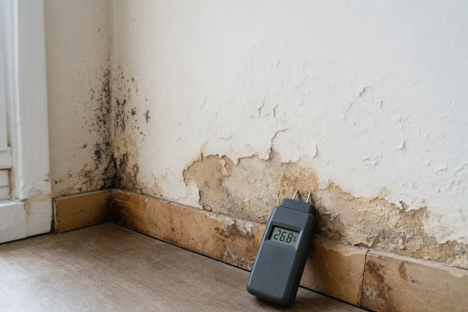 Damp and mould on a wall with a moisture meter showing 26.8% humidity.