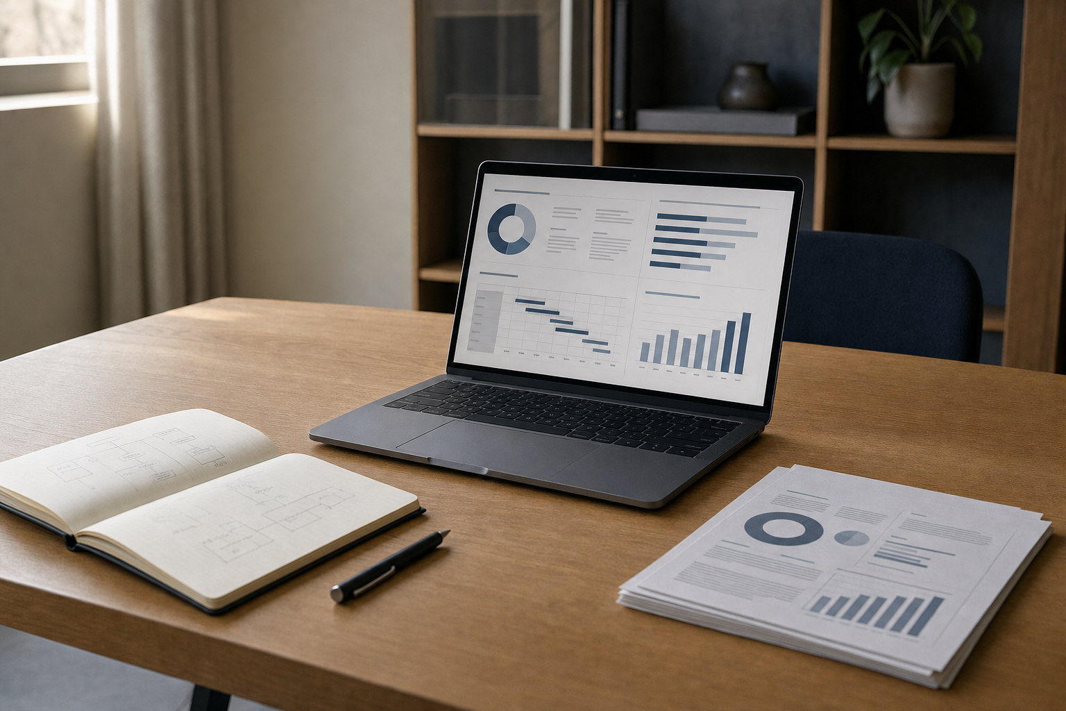 A laptop displaying charts and graphs on a wooden desk with a notebook, pen, and paperwork.