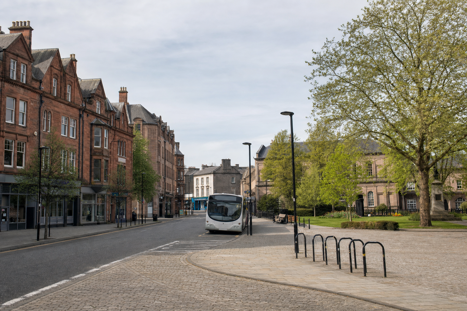 A quiet street with historic red-brick buildings and a bus parked on the side under a clear sky.