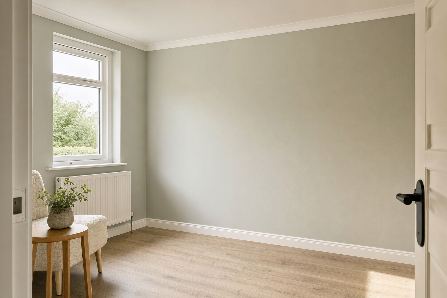 Minimalist room with a beige armchair, wooden side table, and a potted plant near a window.