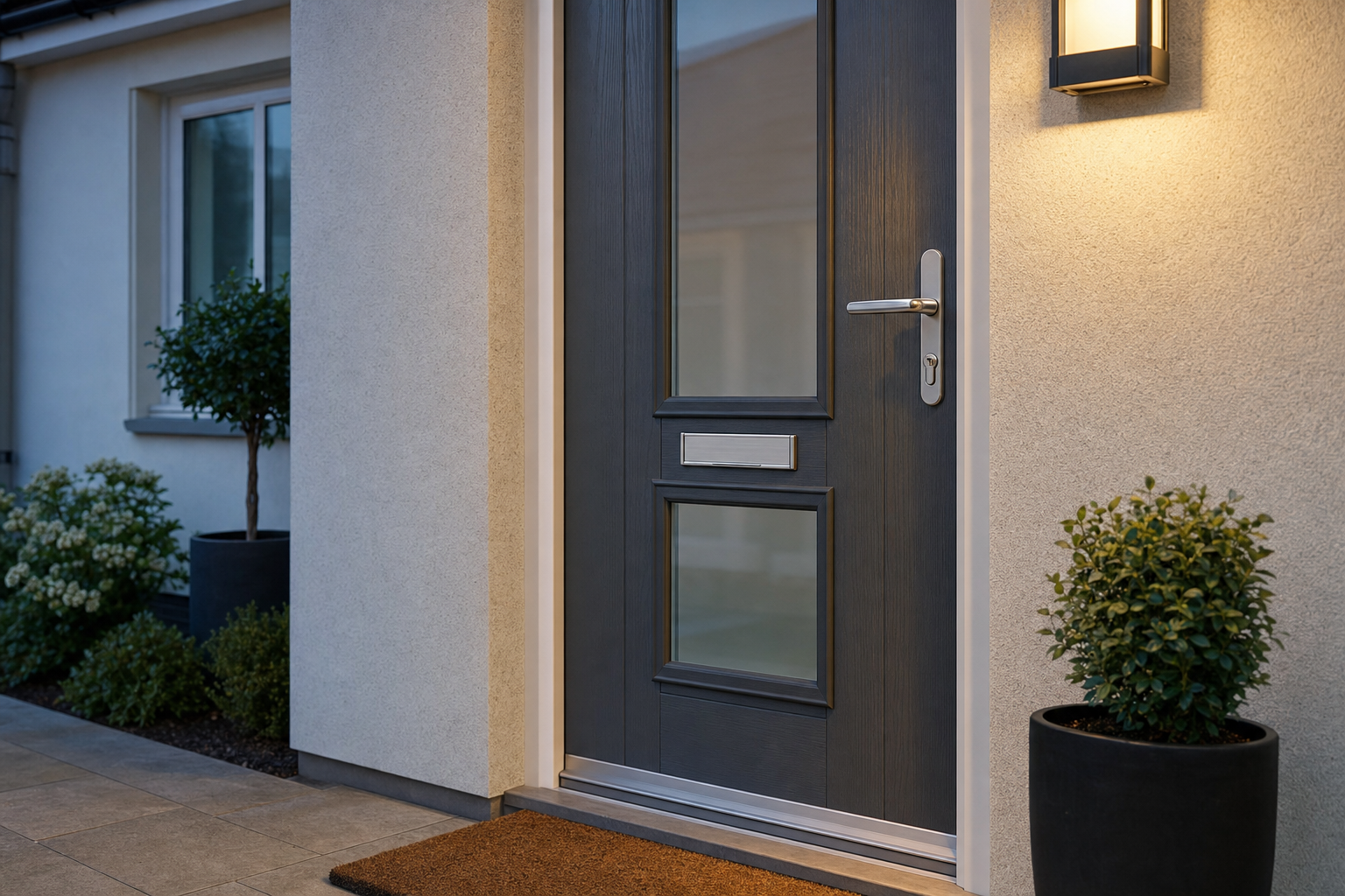 Modern front door with glass panels, surrounded by potted plants and illuminated by a wall light.