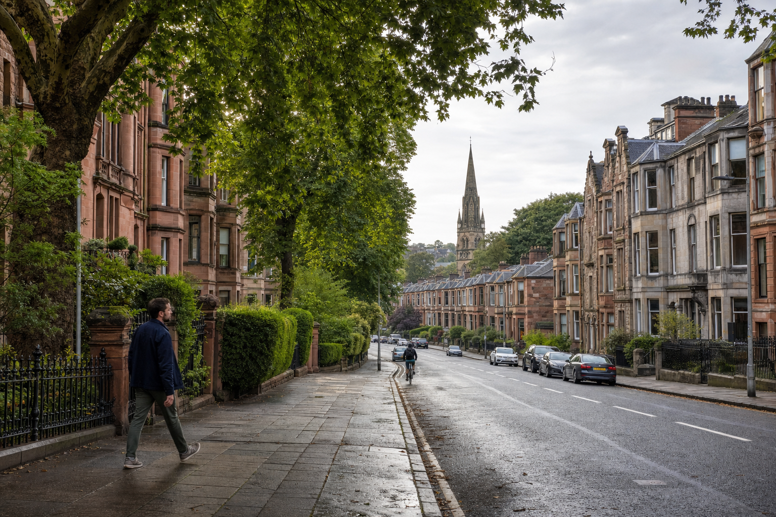A person walks along a tree-lined street with historic buildings and a church spire in the background.