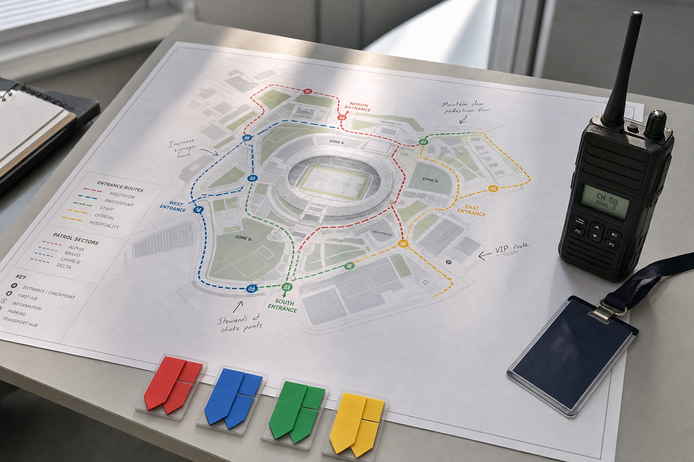 Stadium security map on a desk with a radio, lanyard, and coloured markers for planning entrance routes and patrol sectors.