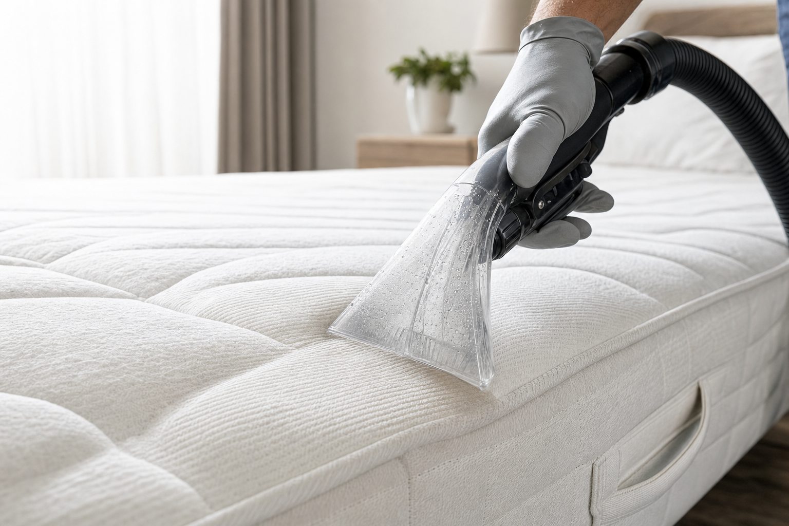 Steam cleaning a mattress with a handheld vacuum cleaner in a bright bedroom.