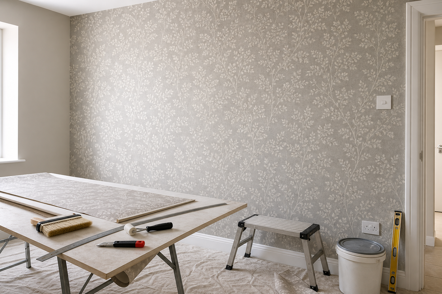 Room being wallpapered with tools and a step stool in view.