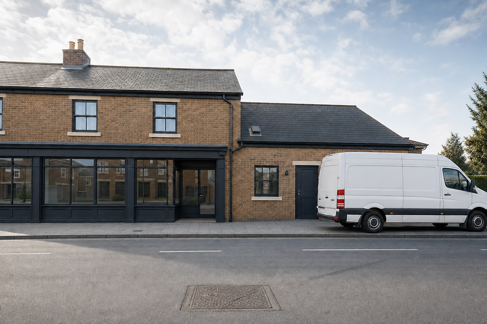 White van parked in front of a modern brick building with large windows on a quiet street.