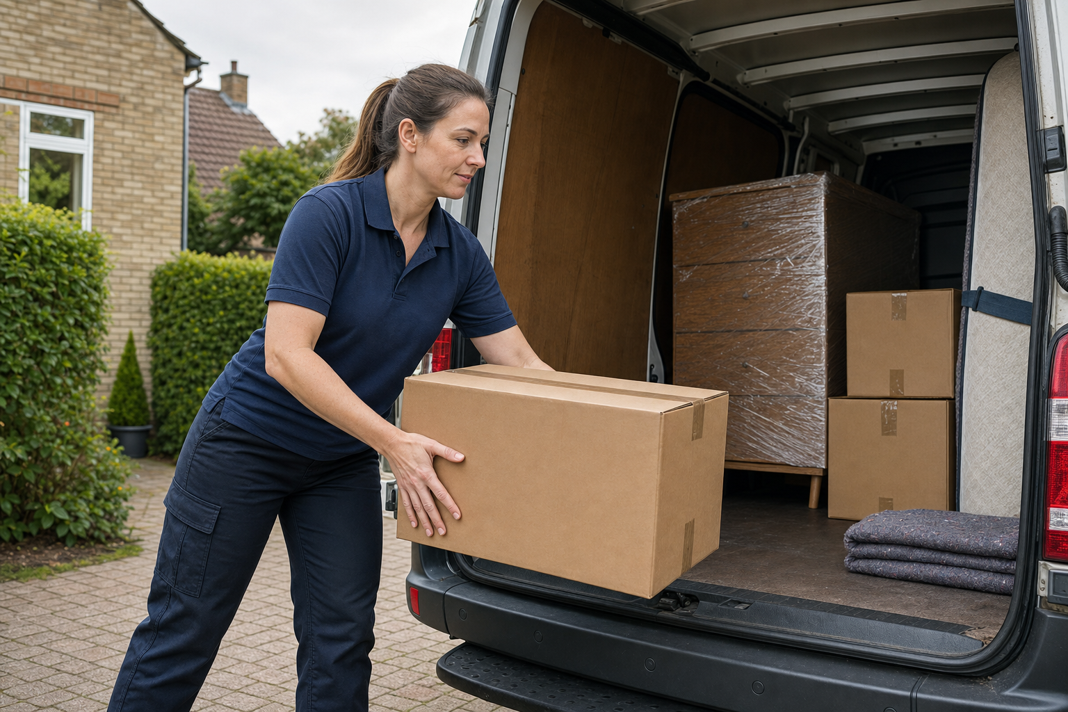 Woman lifting a cardboard box into a van with more boxes and wrapped furniture inside.