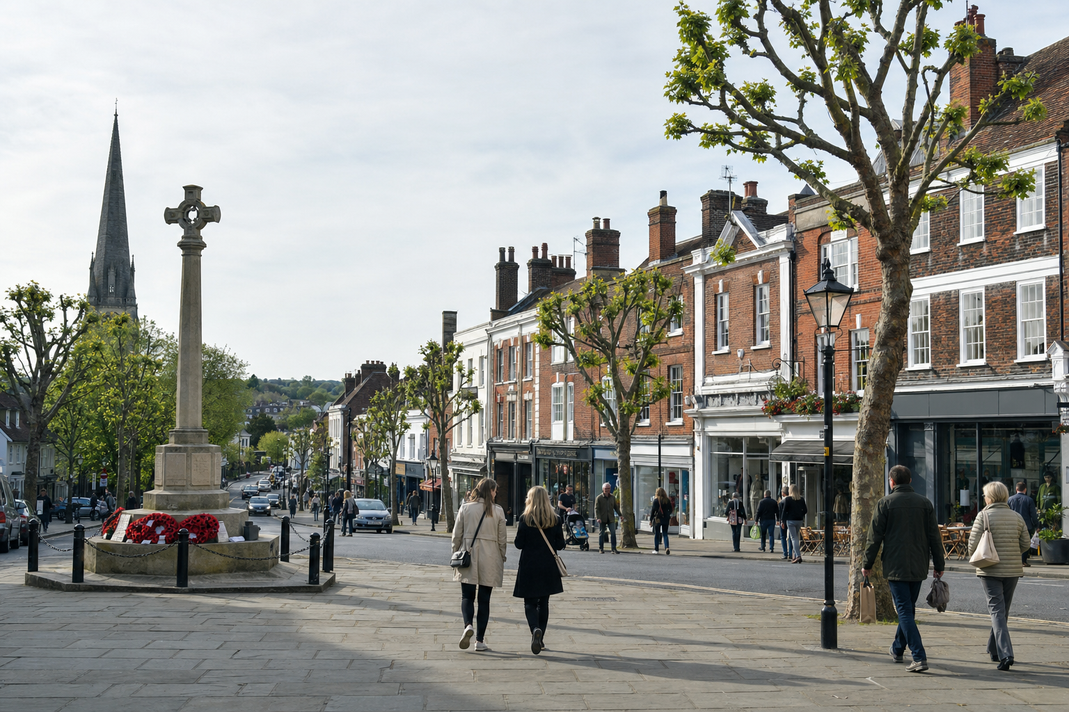 People walk along a street lined with trees and historic buildings near a stone cross monument on a sunny day.