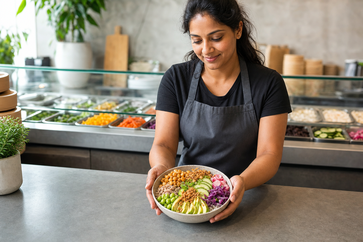 A woman in an apron happily presents a vibrant salad bowl in a modern café setting.