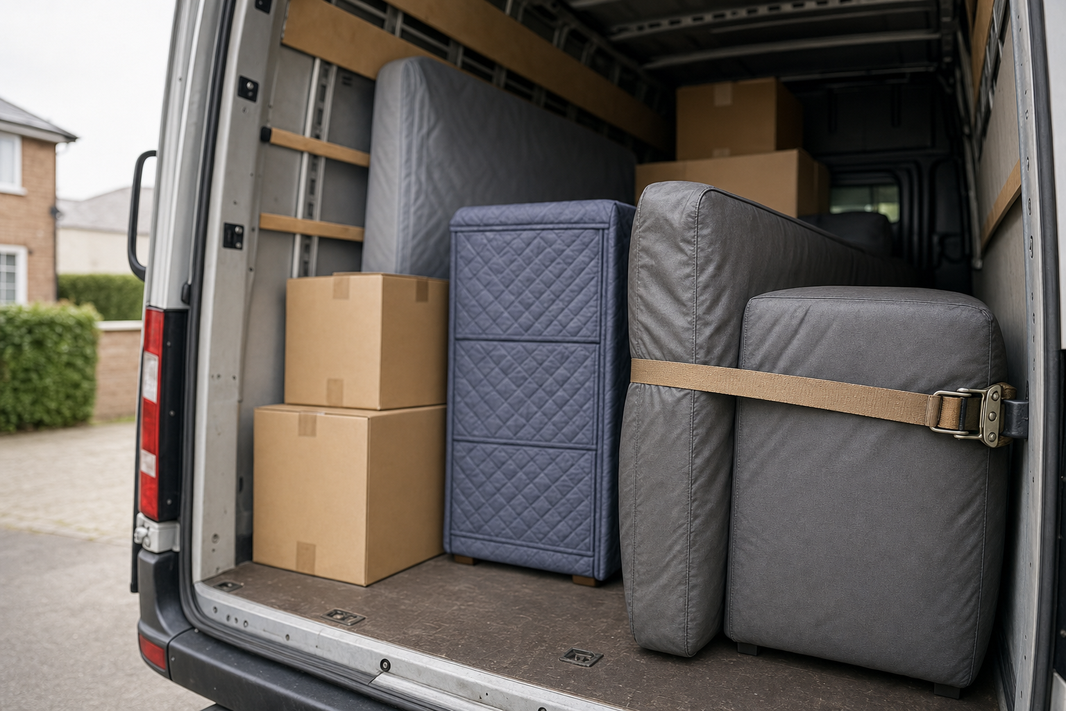 Furniture and cardboard boxes neatly arranged inside an open moving van.