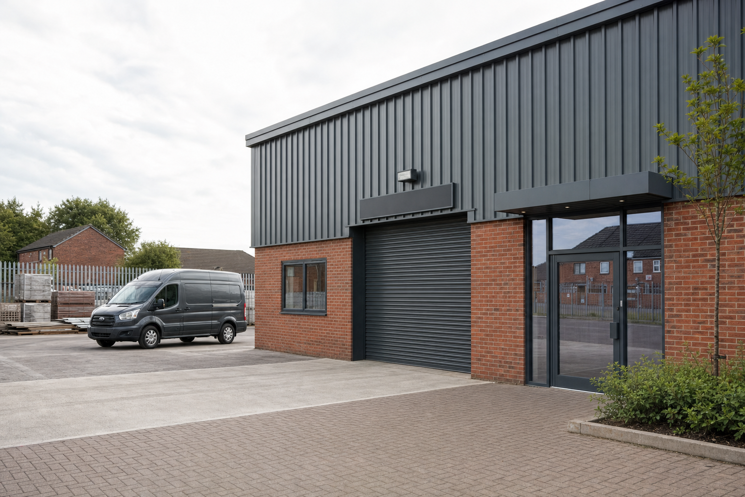 A modern industrial warehouse with a black van parked on the side.
