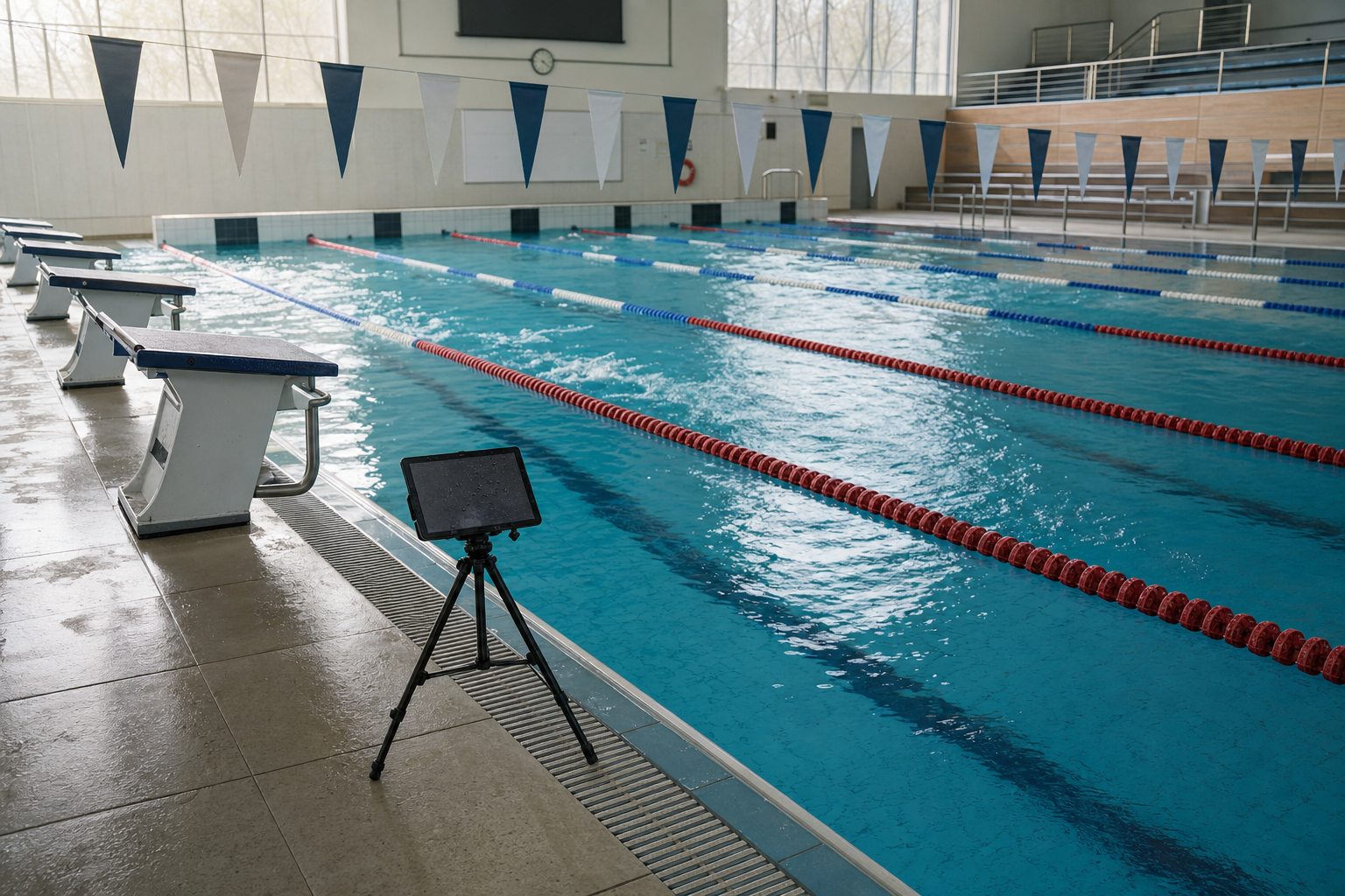Indoor swimming pool with multiple lanes, diving blocks, and a tablet on a tripod by the poolside.