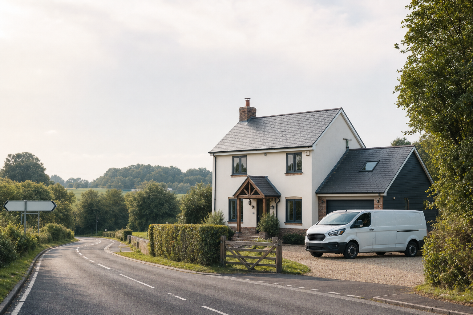 A white van parked outside a two-storey house with a sloped driveway, adjacent to a rural road.