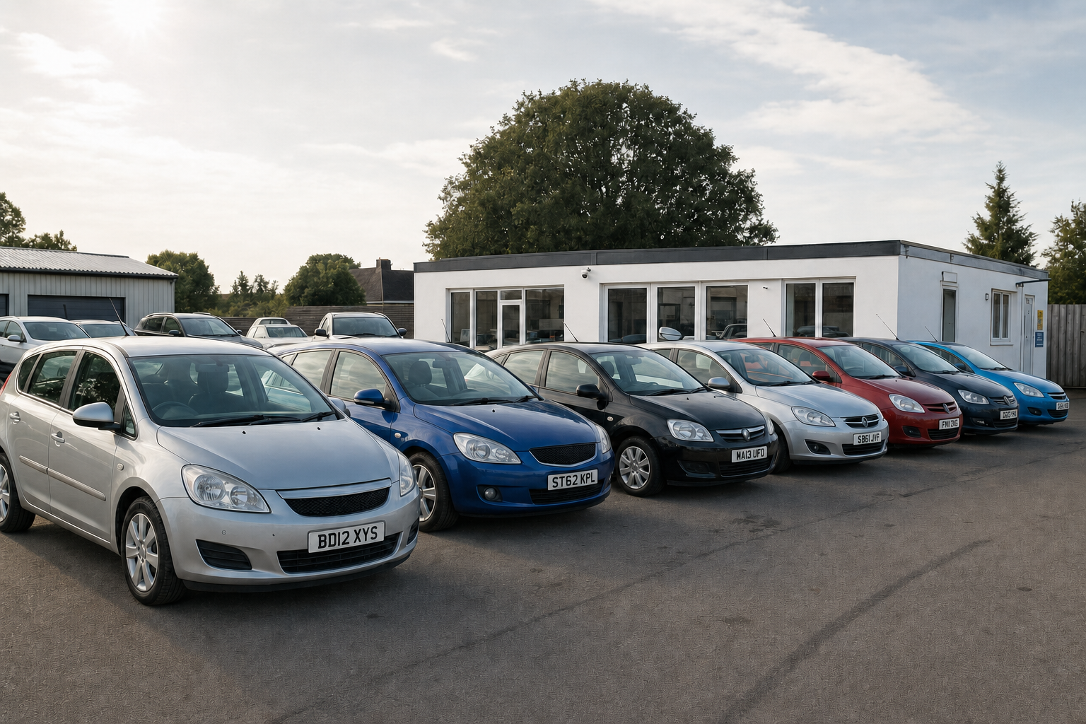 A line of variously coloured hatchback cars parked outside a dealership on a sunny day.