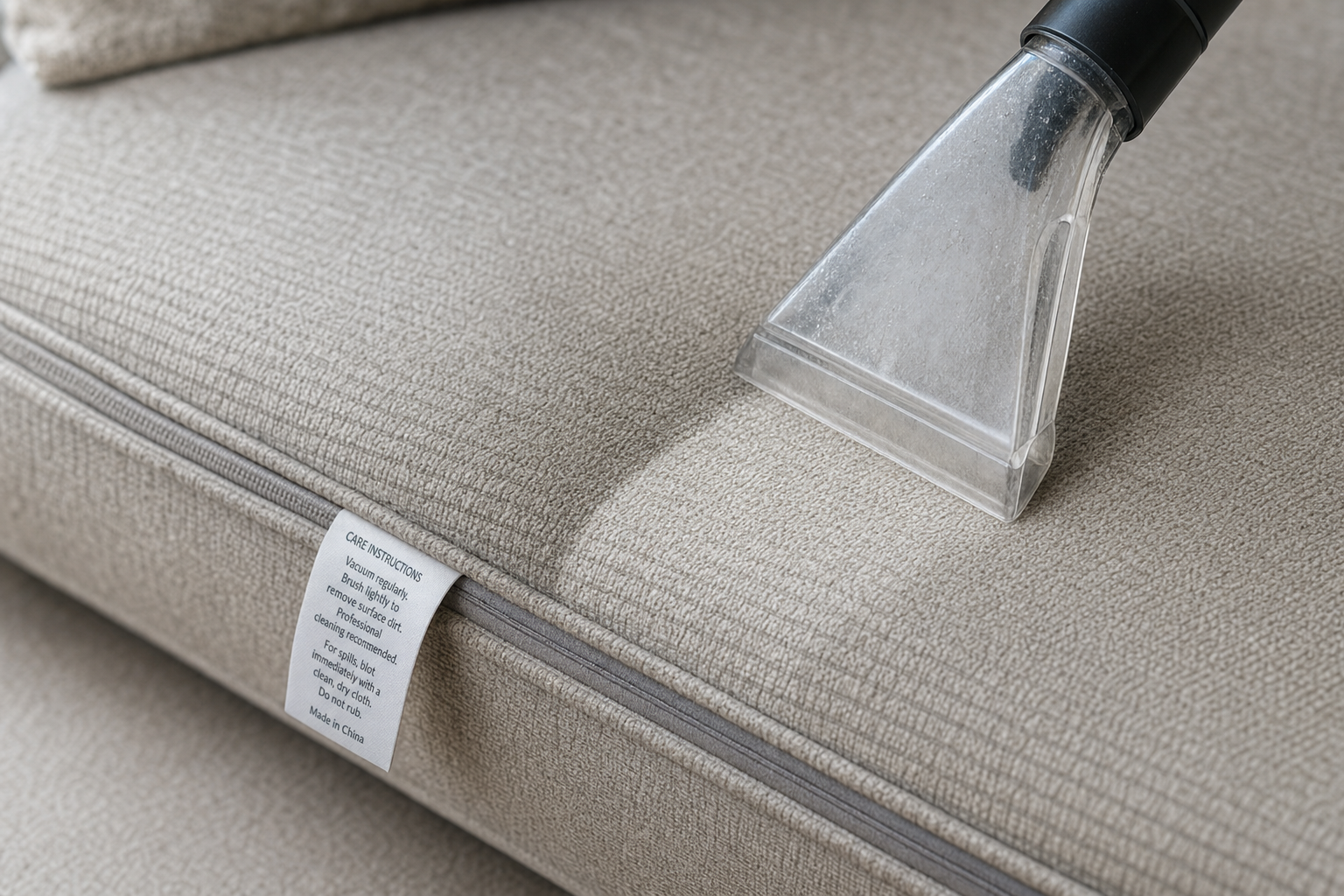 A vacuum cleaner nozzle is being used to clean a light grey fabric sofa cushion.