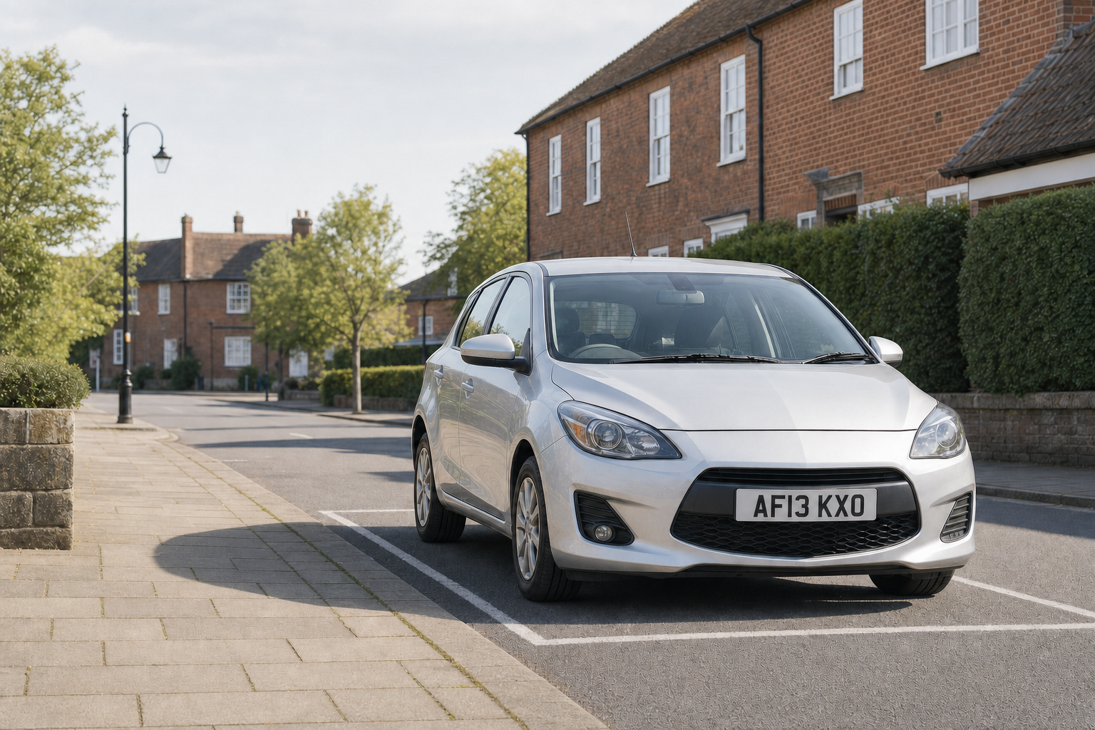 A silver car is parked in a quiet residential street lined with brick houses and trees.