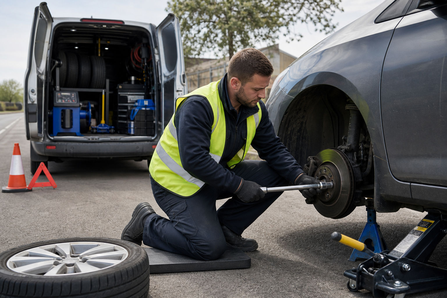 Mechanic fixing a car's wheel with tools beside an open service van.