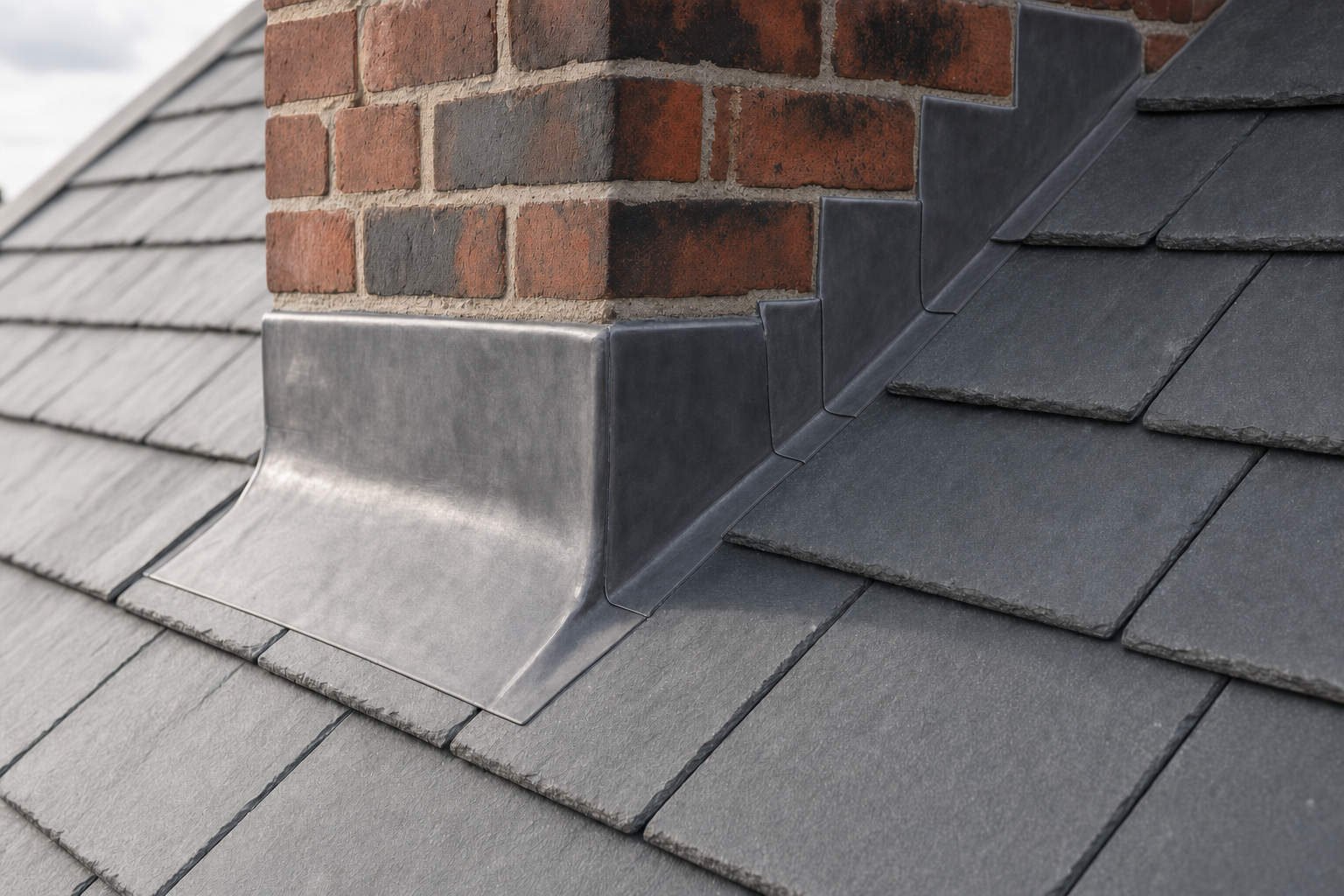 Grey slate roof with a red brick chimney and lead flashing detail.