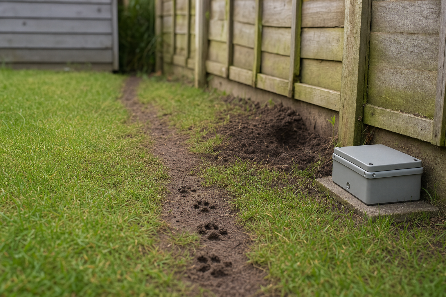 Animal paw prints on a narrow dirt trail next to a wooden fence and a small grey utility box.