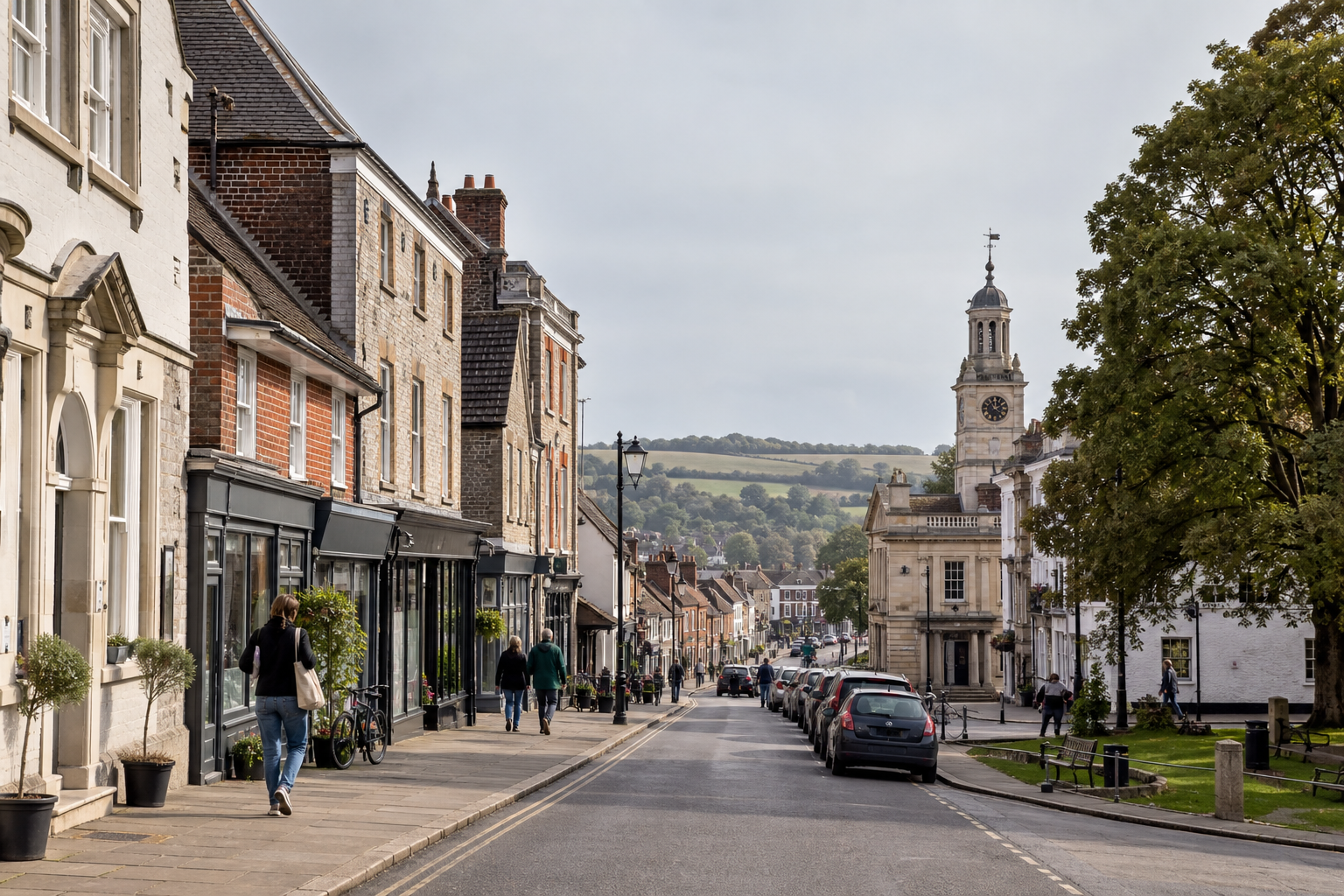 Quaint street with historic buildings, a clock tower, and green hills in the background.